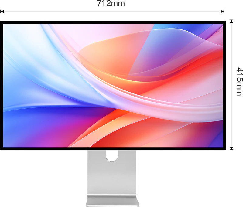 Schéma de face de l'écran Kuycon G32P avec ses cotes : 712 mm de large et 415 mm de haut sans le pied