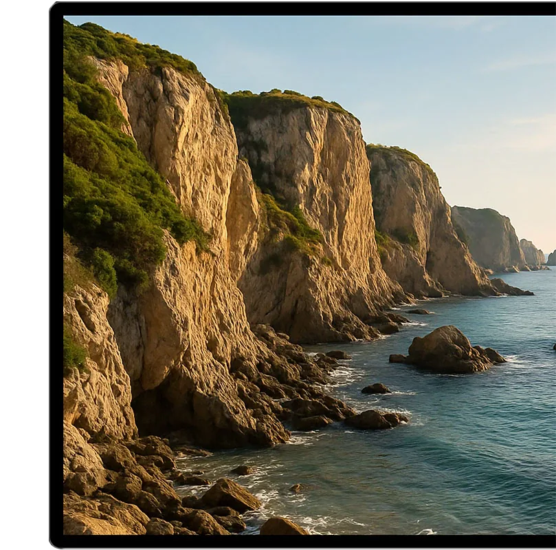 Écran Kuycon G32P sur fond noir affichant une côte de falaises calcaires au soleil couchant au-dessus d'une mer turquoise, pour illustrer la richesse des couleurs