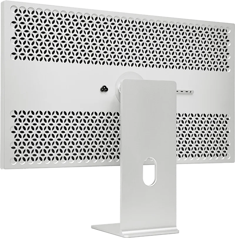 Dos de l'écran Kuycon G32P vu de trois quarts : panneau en aluminium perforé, prise secteur, rangée de connecteurs et pied argenté