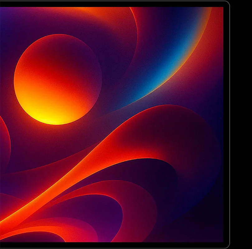Écran Kuycon G32P sur fond noir affichant des formes orange, rouges et bleues profondes sur des zones très sombres, pour illustrer le contraste de la dalle Nano IPS Black