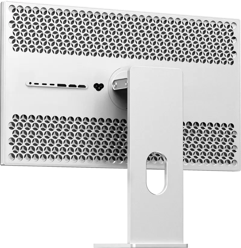 Dos perforé du Kuycon P27Z vu de trois quarts : connectique, platine VESA et pied en aluminium
