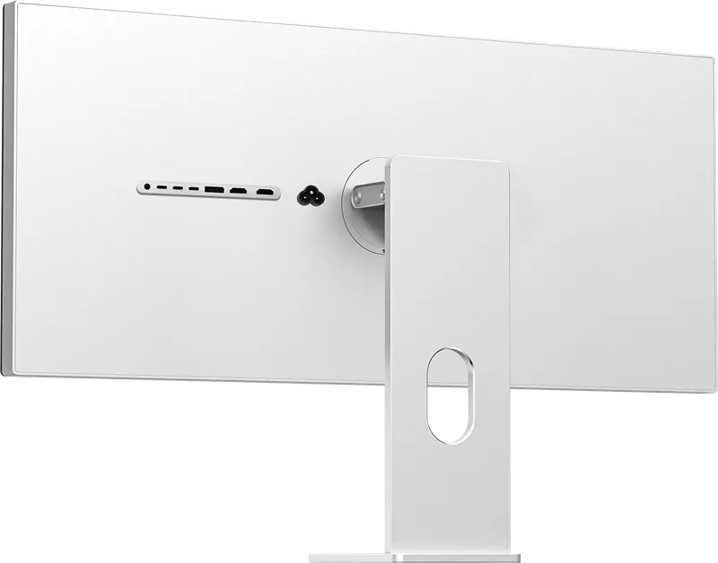 Dos simple de l'écran Kuycon W34KB vu de trois quarts : panneau en aluminium plein, rangée de connecteurs, prise secteur et pied en aluminium