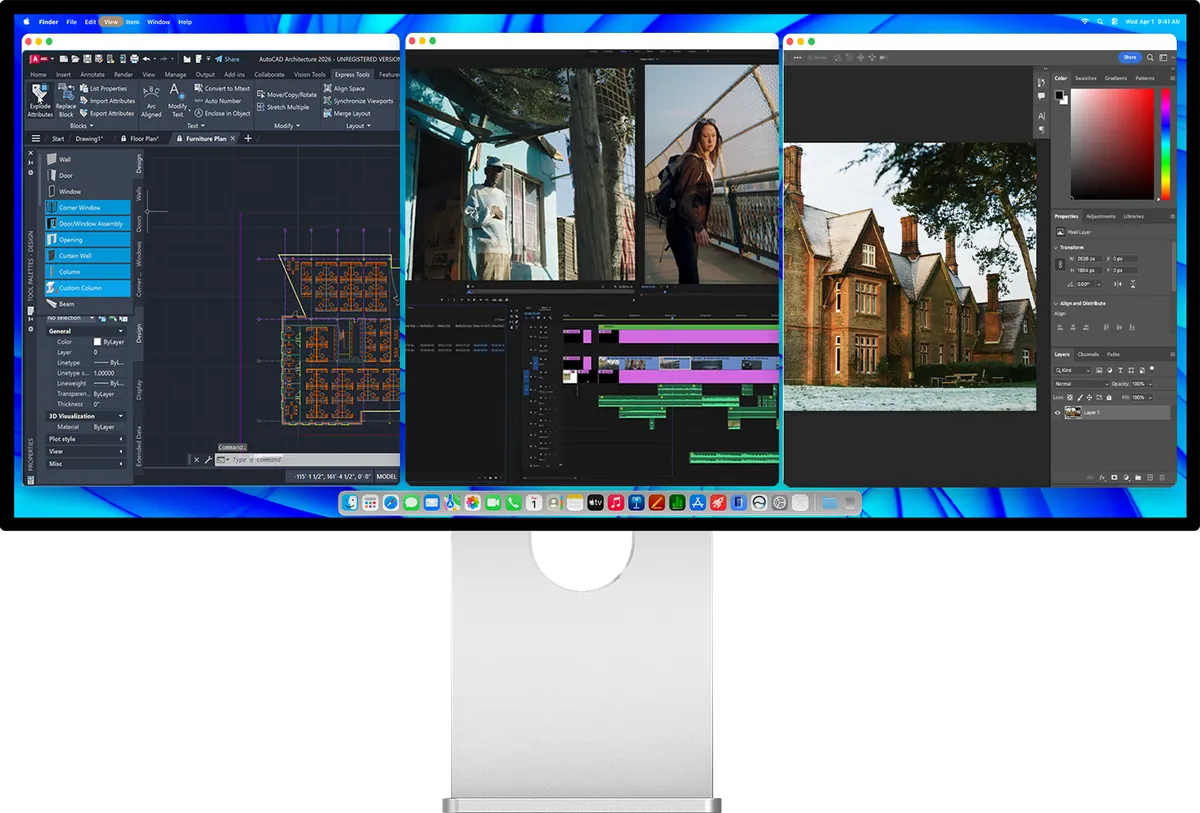 Écran Kuycon W34KB affichant trois applications côte à côte : un logiciel de dessin technique, un logiciel de montage vidéo et un logiciel de retouche photo