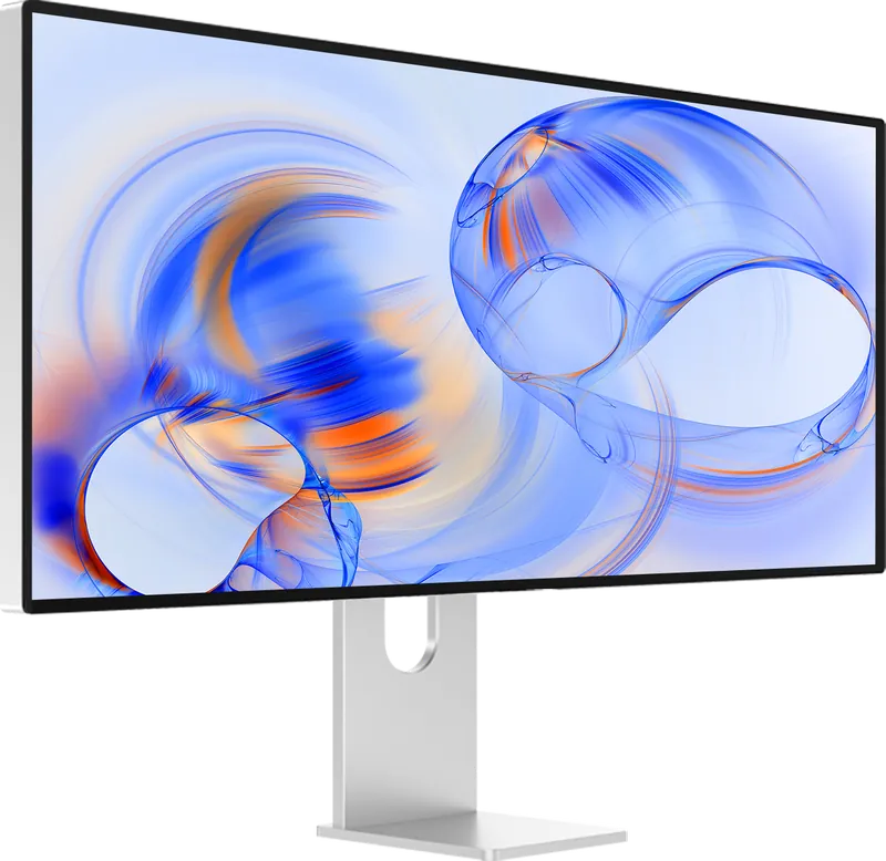 Écran Kuycon W34KB vu de trois quarts avant, bords fins et pied en aluminium